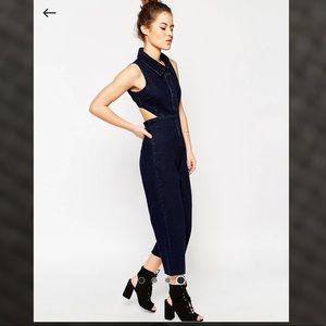 ASOS PETITE Denim Wide Leg Jumpsuit With Collar In Indigo US 6